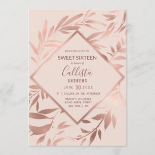 Invitation Élégant Rose Or rose Floral Feuilles doux 16