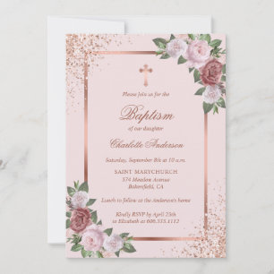 Invitation Élégant Rose Or rose Floral Girl Baptism