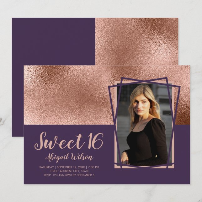 Invitation Elégant rose or violet sweet sixteen anniversaire (Devant / Derrière)