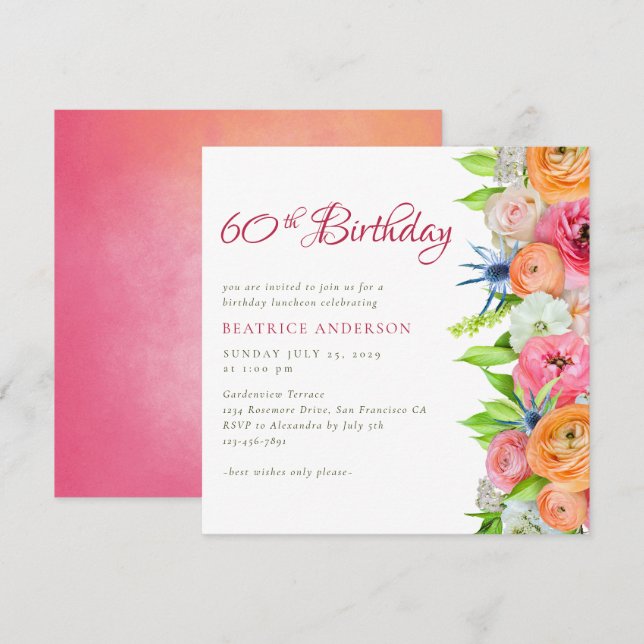 Invitation Élégant rose orange floral 60e anniversaire (Devant / Derrière)