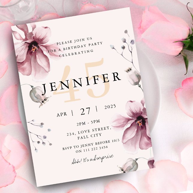 Invitation Elégant rose pâle Floral Automne Anniversaire (Elegant Dusty Pink Floral Fall Birthday Invitation)