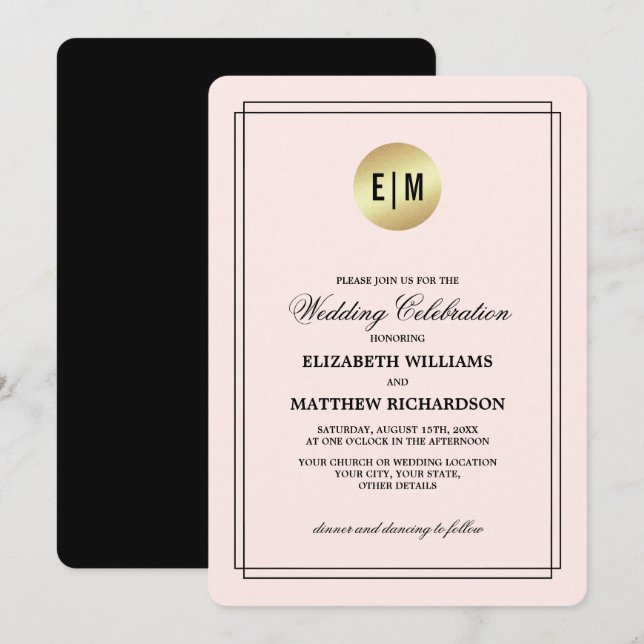 Invitation Élégant rose pâle | Noir | Mariage or (Devant / Derrière)