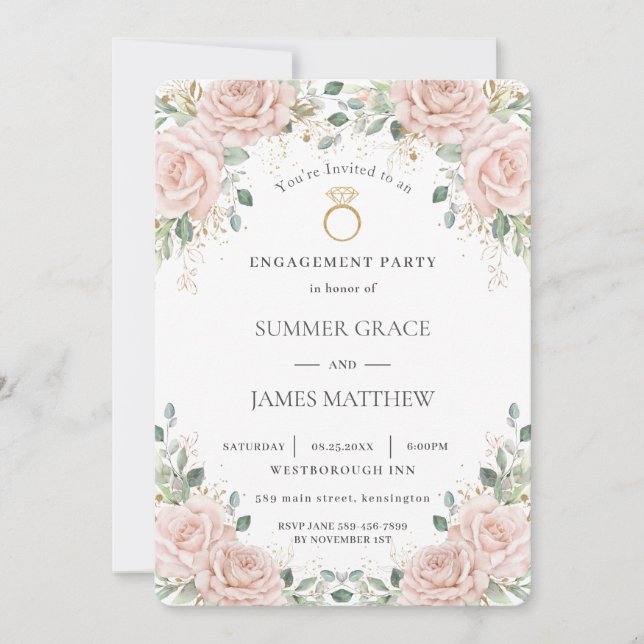 Invitation Élégant rose pâle Roses Fiançailles anneau floral (Devant)