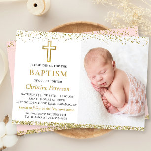 Invitation Elégant rose Parties scintillant or croix fille Ba