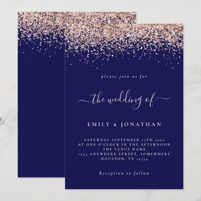 Invitation Elégant Rose Parties scintillant or Mariage Marine (Devant / Derrière)