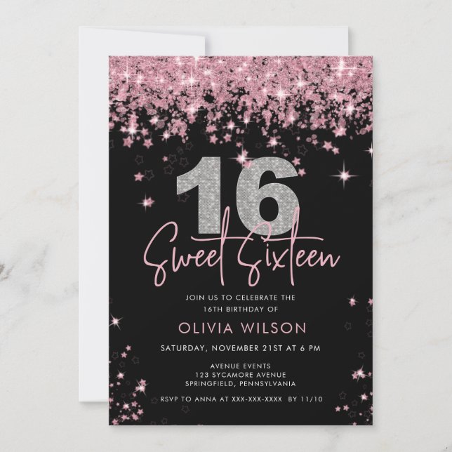 Invitation Elégant Rose Parties scintillant or Sweet sixteen  (Devant)