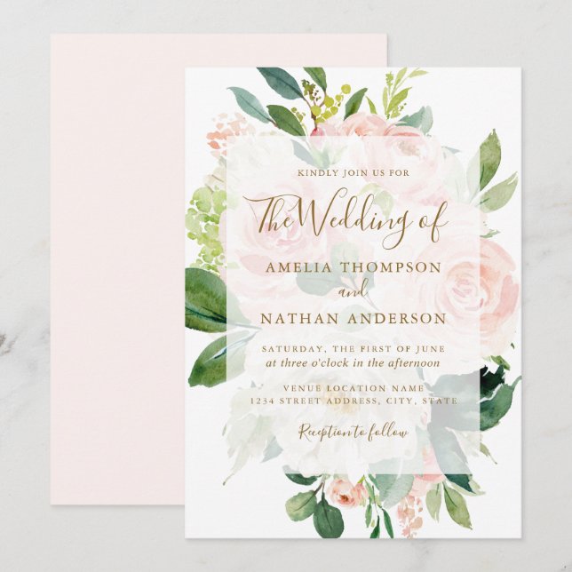 Invitation Élégant rose Peach Gold Bloom Mariage (Devant / Derrière)