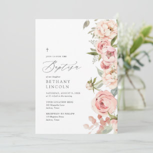 Invitation Élégant rose Peony Floral Girl Baptism