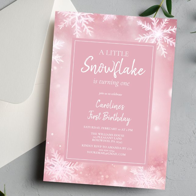 Invitation Élégant rose petit flocon de neige fille premier a (Créateur téléchargé)
