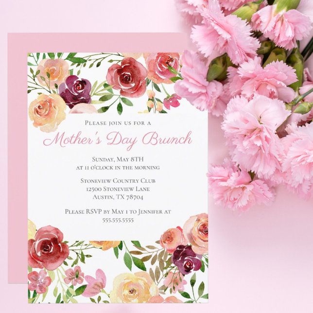 Invitation Elégant Rose Pink Peony Floral Fête des Mères Brun (Créateur téléchargé)