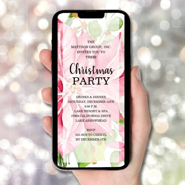 Invitation Élégant rose Poinsettia Floral Noël (INSTANT DOWNLOAD and/or PRINTED elegant pink poinsettia floral Christmas party invitations)