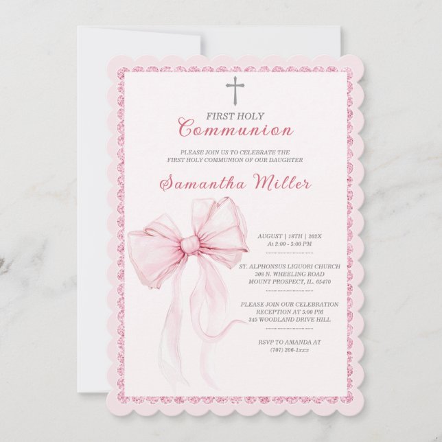 Invitation Élégant rose première communion sainte pour les fi (Devant)