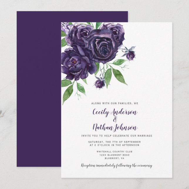 Invitation Élégant Rose profond violet Mariage vert (Devant / Derrière)