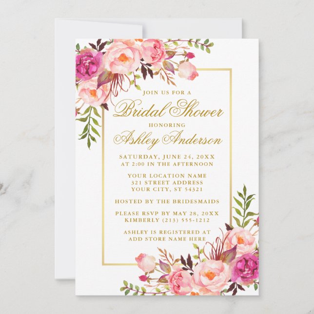 Invitation Élégant Rose Rose Blush Fête des mariées Gold Scri (Devant)