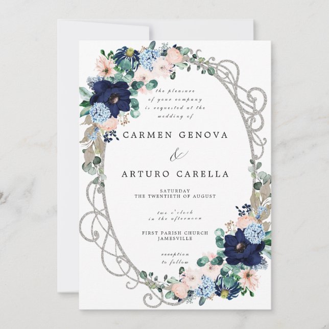 Invitation Elégant rose rose Dusty bleu Floral Mariage Invit (Devant)