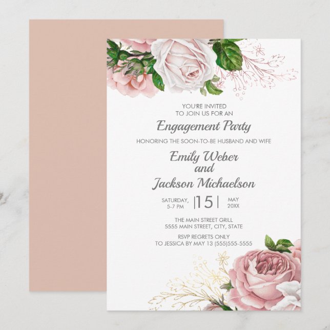 Invitation Élégant Rose Rose Floral Blanc Parti d'engagement (Devant / Derrière)