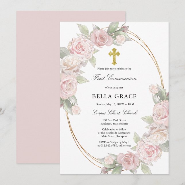 Invitation Élégant Rose Rose Floral First Communion Invitatia (Devant / Derrière)