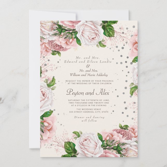 Invitation Élégant Rose rose Floral Mariage Parties scintilla (Devant)