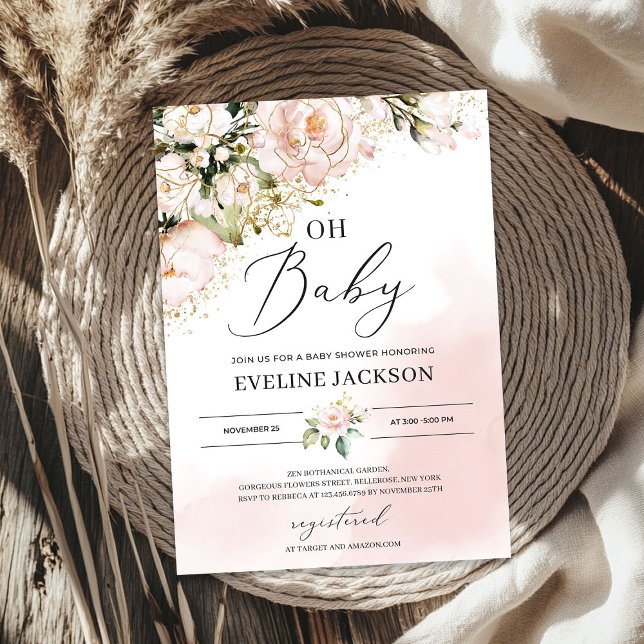 Invitation Elégant rose rose floral or fille oh baby shower (Elegant blush pink floral gold girl oh baby shower invitation)