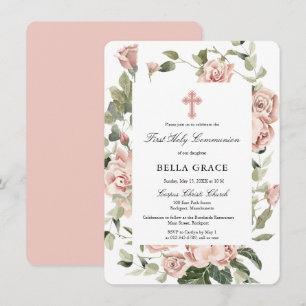 Invitation Élégant Rose Rose Floral Première Communion Sainte