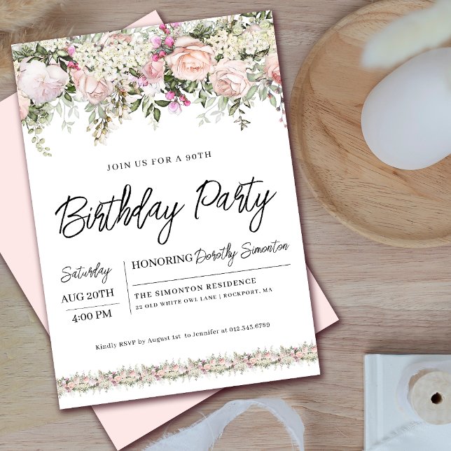 Invitation Elégant rose rose florale 90e anniversaire (Matching welcome signs and party decor available. Message me for help finding them!)