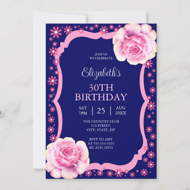 Invitation Élégant rose rose florale bleu foncé 30e anniversa (Devant)