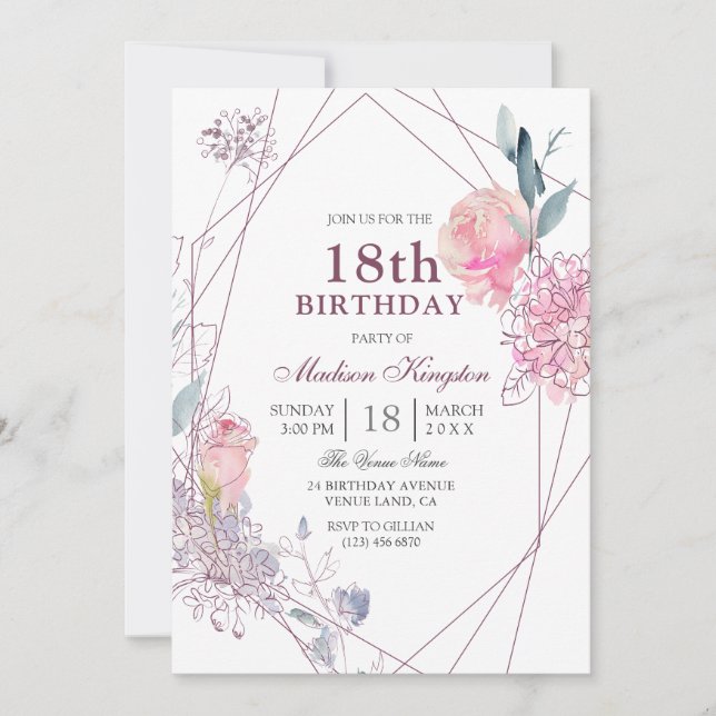 Invitation Elégant rose rose Géométrique 18ème anniversaire f (Devant)