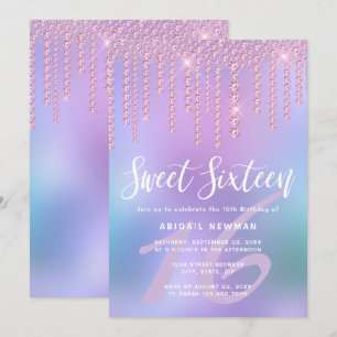 Invitation Élégant rose rose or diamant gouttes sweet sixteen