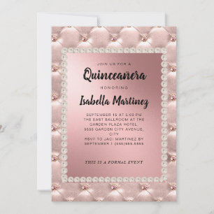 Invitation Elégant Rose Rose Or Quinceañera Photo Perles