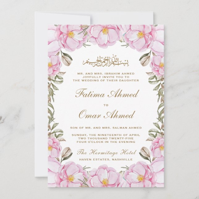 Invitation Élégant rose rose rose floral islamique Mariage mu (Devant)