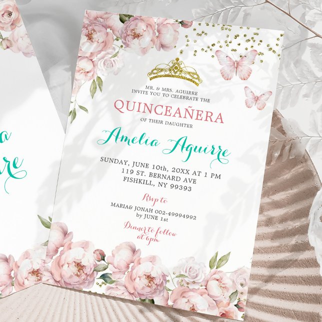 Invitation Elégant rose rose rose floral mexicain Quinceañera (Créateur téléchargé)