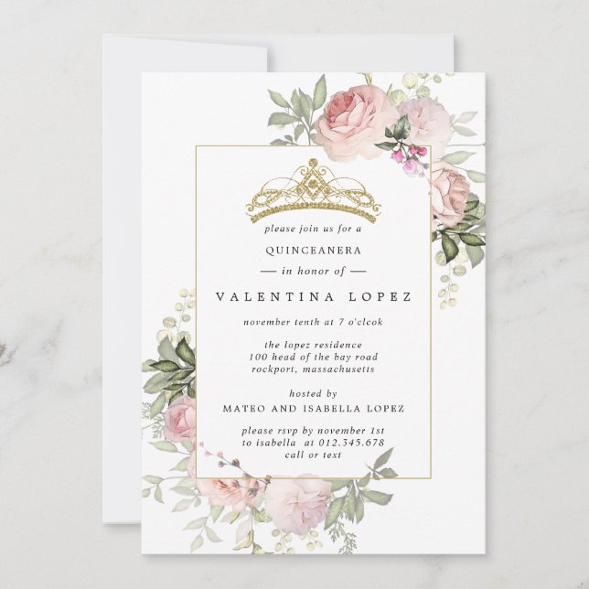 Invitation Elégant rose rose rose floral or Tiara Quinceanera (Devant)