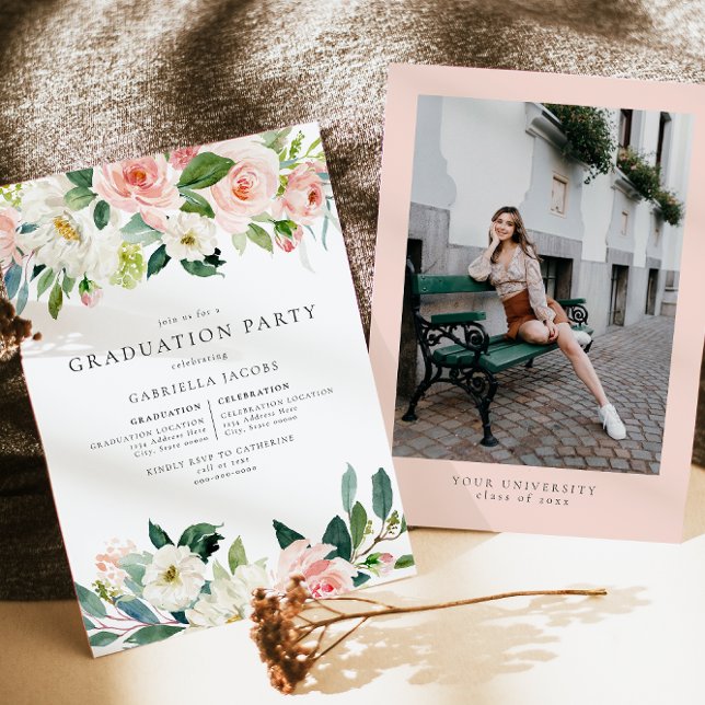 Invitation Élégant rose rose rose floral verdure Graduation (Créateur téléchargé)