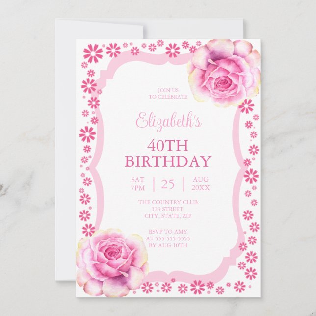Invitation Elégant rose rose rose florale blanc 40e anniversa (Devant)