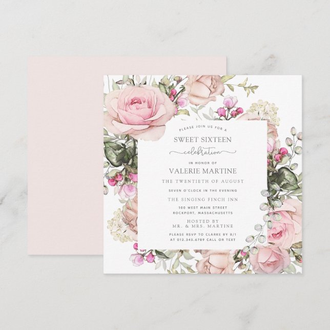 Invitation Élégant rose rose rose rose rose Floral Sweet 16 P (Devant / Derrière)