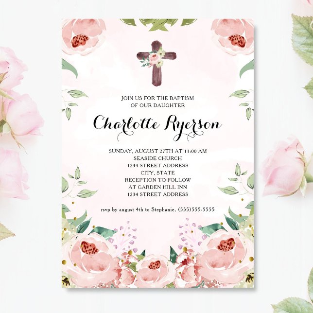 Invitation Élégant rose rose rose rose rose florale Baptême (Créateur téléchargé)