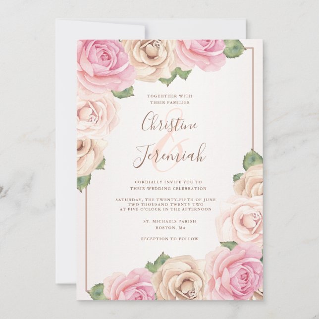 Invitation Élégant rose rose rose rose rose rose Aquarelle Ma (Devant)