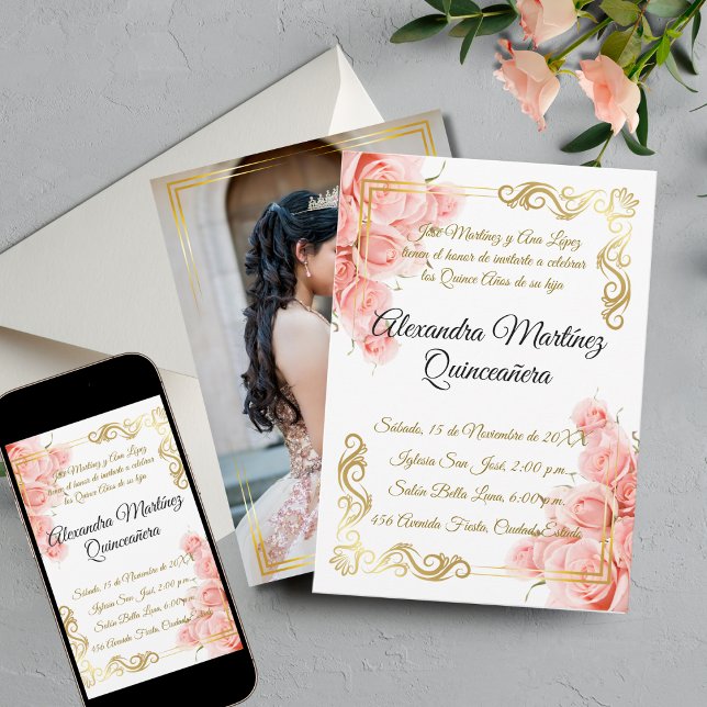 Invitation Élégant Rose rose simple or Floral Quinceañera (Créateur téléchargé)