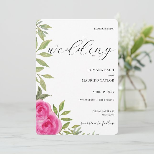 Invitation Elégant rose Roses Aquarelle Art (Debout devant)