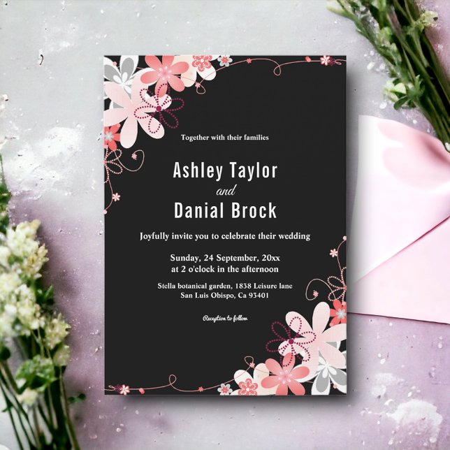 Invitation Élégant Rose rustique de pays noir Mariage floral (Créateur téléchargé)