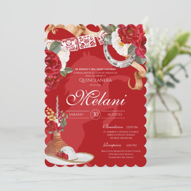 Invitation Élégant Rose sauvage rustique rouge Charro Quincea (Debout devant)