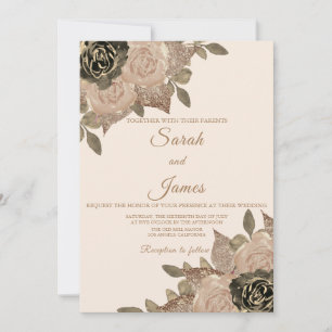 Invitation Elégant Rose Seppia Parties scintillant or Floral 