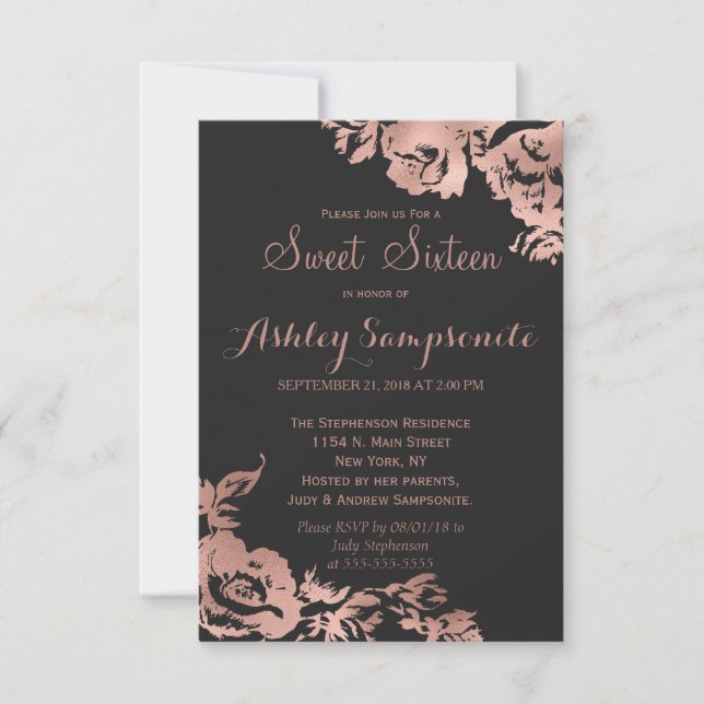 Invitation Élégant Rose simple Gold Pink Floral Sweet 16 (Devant)