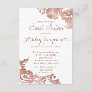 Invitation Élégant Rose simple Or blanc Floral Sweet 16
