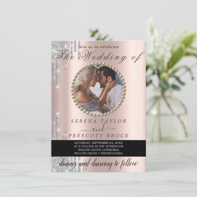 Invitation Élégant Rose spécial Gold Photo Mariage (Debout devant)
