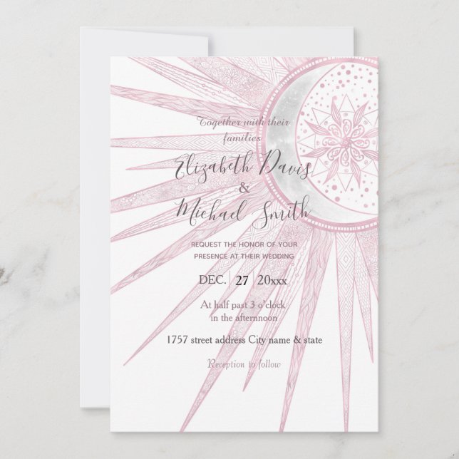 Invitation Elégant rose Sun Moon Doodle Mandala White Design (Devant)