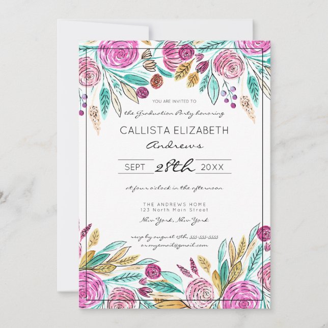 Invitation Elégant rose Turquoise Aquarelle Florale Graduatio (Devant)