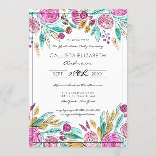 Invitation Elégant rose Turquoise Aquarelle Florale Graduatio