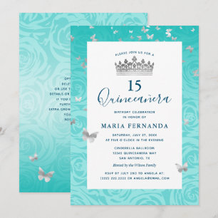 Invitation Élégant Rose Turquoise couronne argent Floral Quin