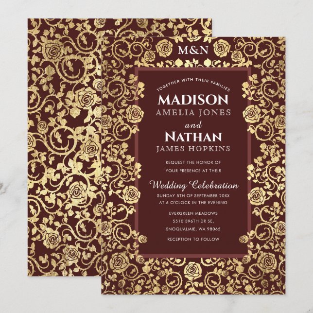 Invitation Élégant Rose victorien Mariage Gold Foil (Devant / Derrière)